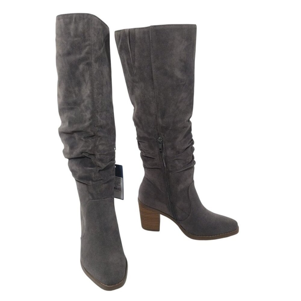 Gray Faux Suede Knee-High Boots Women’s Size 8 Stacked Block Heel NWT